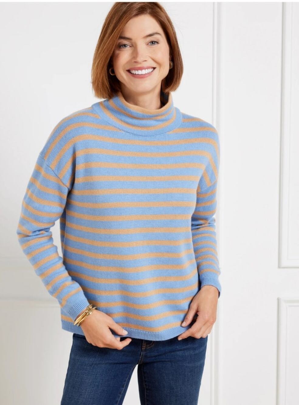 Talbots Metallic Stripe Turtleneck Sweater L Blue Tan Knit Winter Classic Preppy